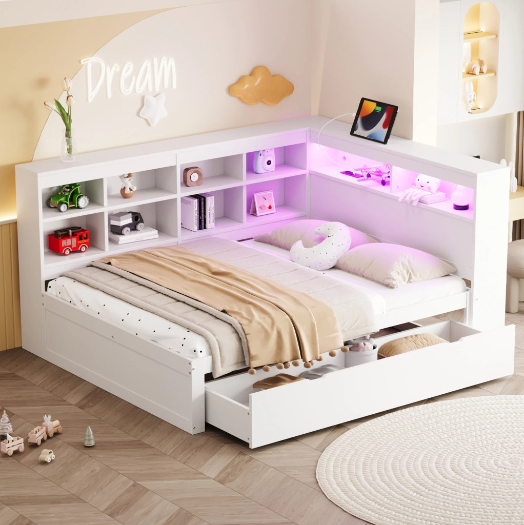 Divano letto 140x200 cm; con USB e LED; legno bianco