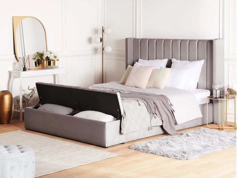Letto matrimoniale ad acqua in velluto grigio con cassapanca 140 x 200 cm moderno glam morbido materasso camera da letto