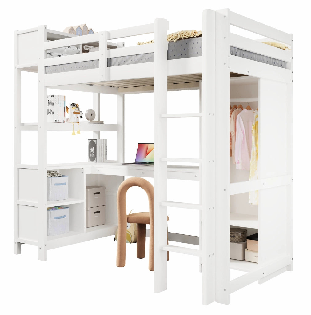Letto a soppalco 90x200 cm con scrivania; ripiani e armadio; bianco