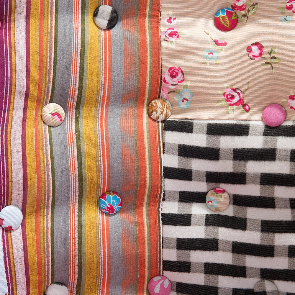 Poltrona Multicolore Rosa Tessuto Patchwork Sedia Club Bottone Gambe in Legno capitonné