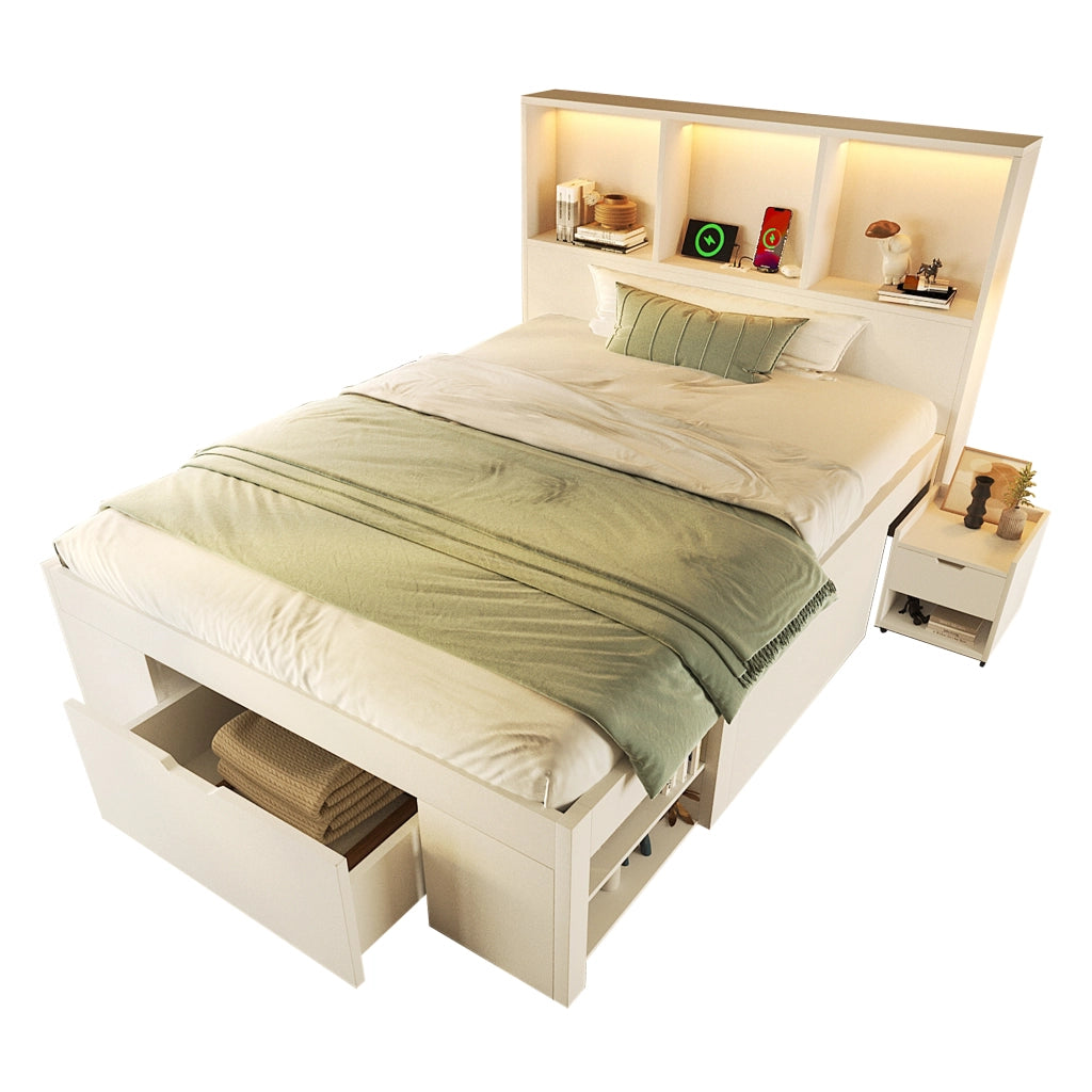 Letto Singolo con Cassetti e Comodino ¨C MINIMAL ¨C Bianco, Legno, LED, 90x200