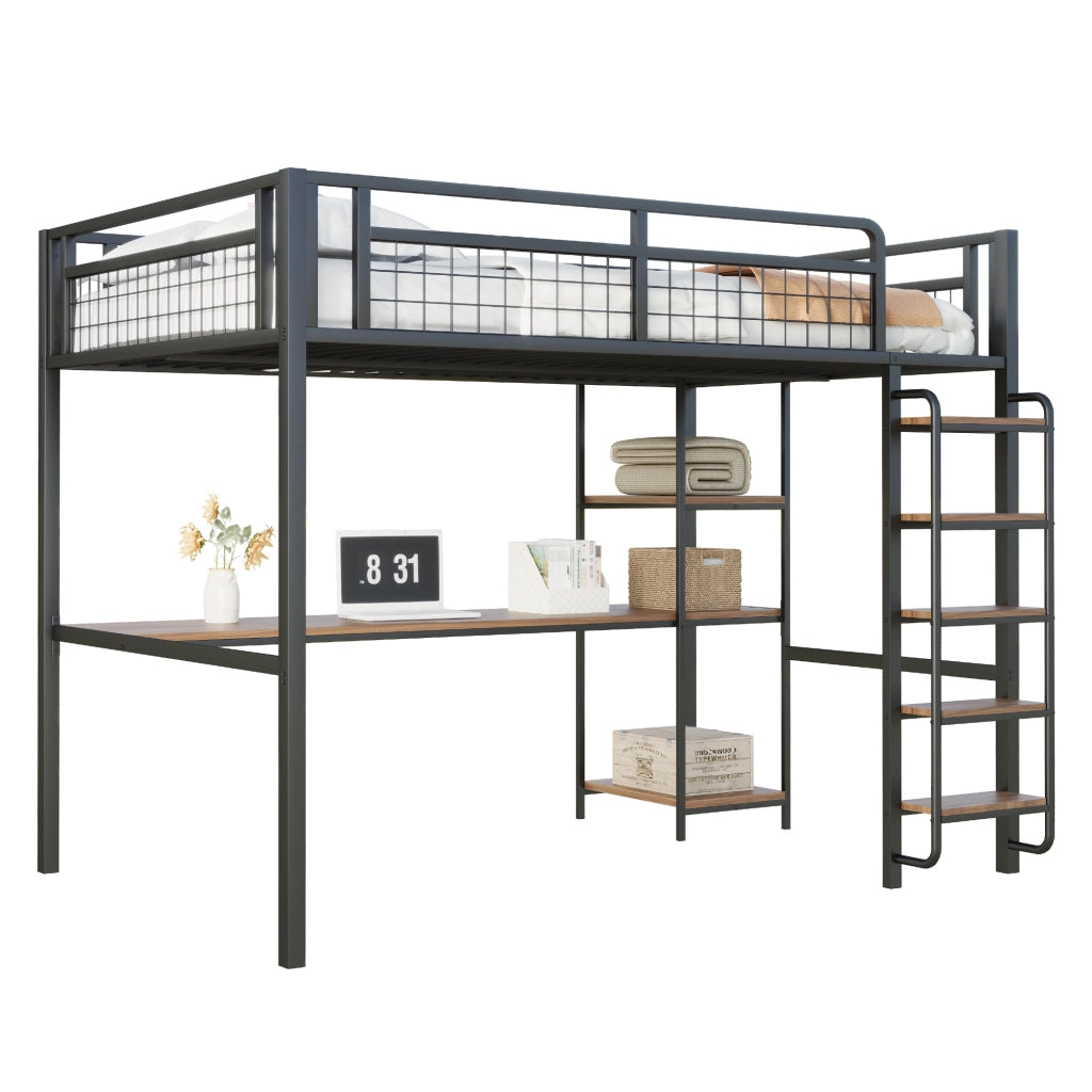LETTO A CASTELLO 140x200 cm in metallo nero con tavolo e ripiani