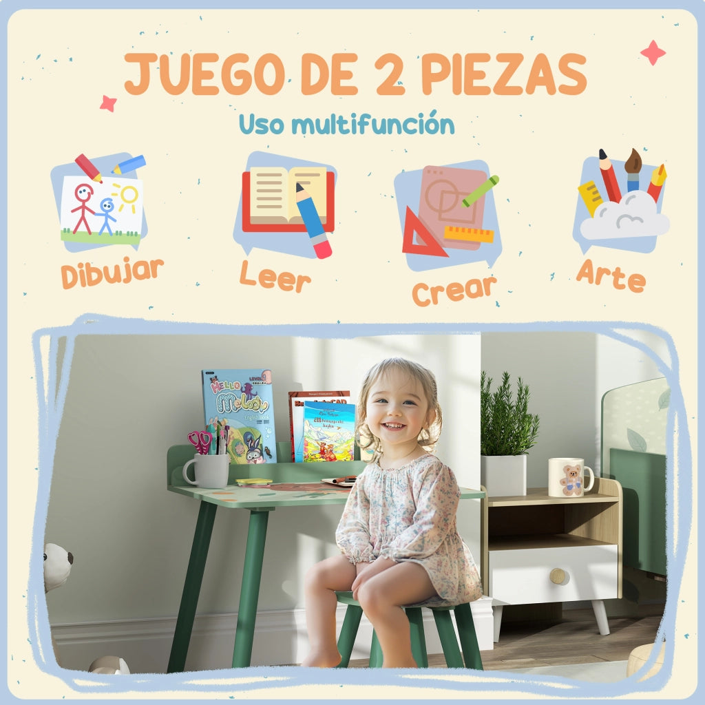 Set Tavolo e Sedia Bambini con Libreria ¨C Xylo ¨C Legno Verde per Cameretta +3 Anni