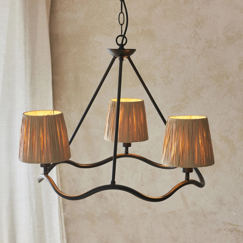 Lampadario WRIGGLE anello ondulato 3 luci rafia nero opaco