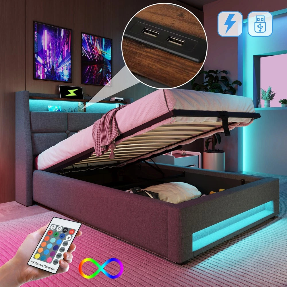 Letto Singolo Imbottito con LED e Rete a Doghe ¨C MINIMAL ¨C Tessuto Lino, 90x200