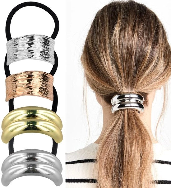 Set di elastici per capelli 4 pezzi - Elastici metallici - Disegno geometrico - Colore oro/argento - Leggeri e resistenti - Comodi per uso quotidiano - Elastici per capelli