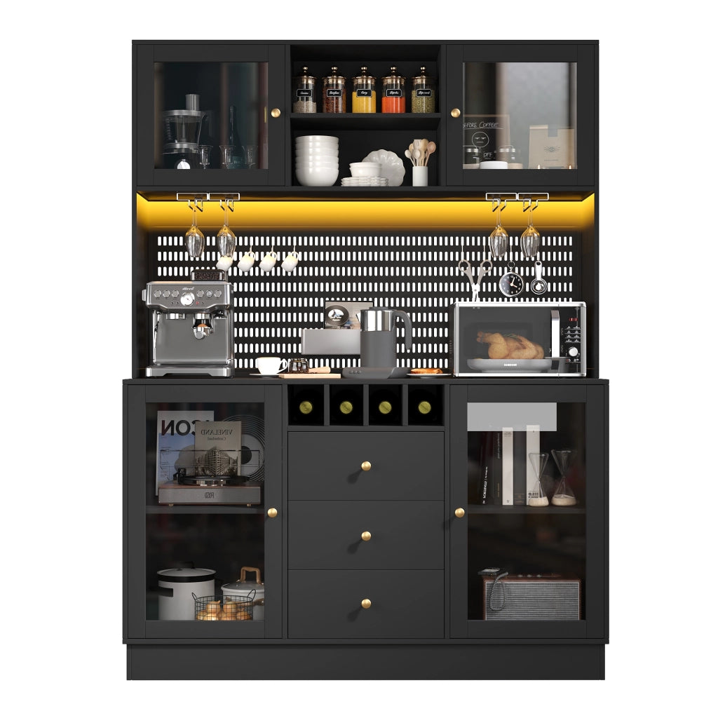 Armadio Alto da Cucina con Luce LED, Ripiani e Portabottiglie ¨C Xylo ¨C Nero