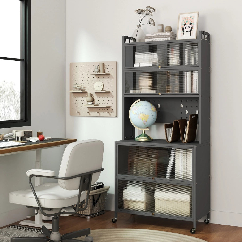 Armadio cucina 6 livelli buffet credenza, Porte ribalta supporto microonde pannello forato ganci Grigio