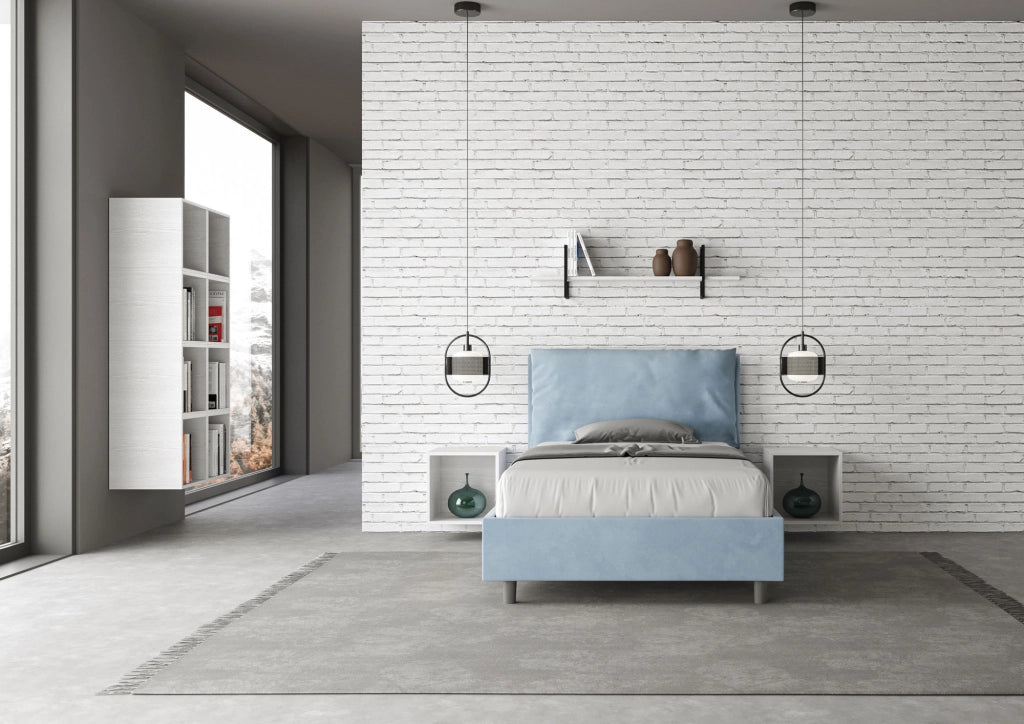 BS COM Letto una piazza e mezza contenitore imbottito 110x200 microfibra azzurro