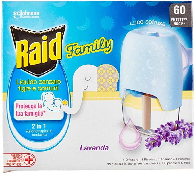 RAID DIFFUSORE PER ZANZARE TIGRE E COMUNE CON RICARICA ALLA LAVANDA 60 NOTTI