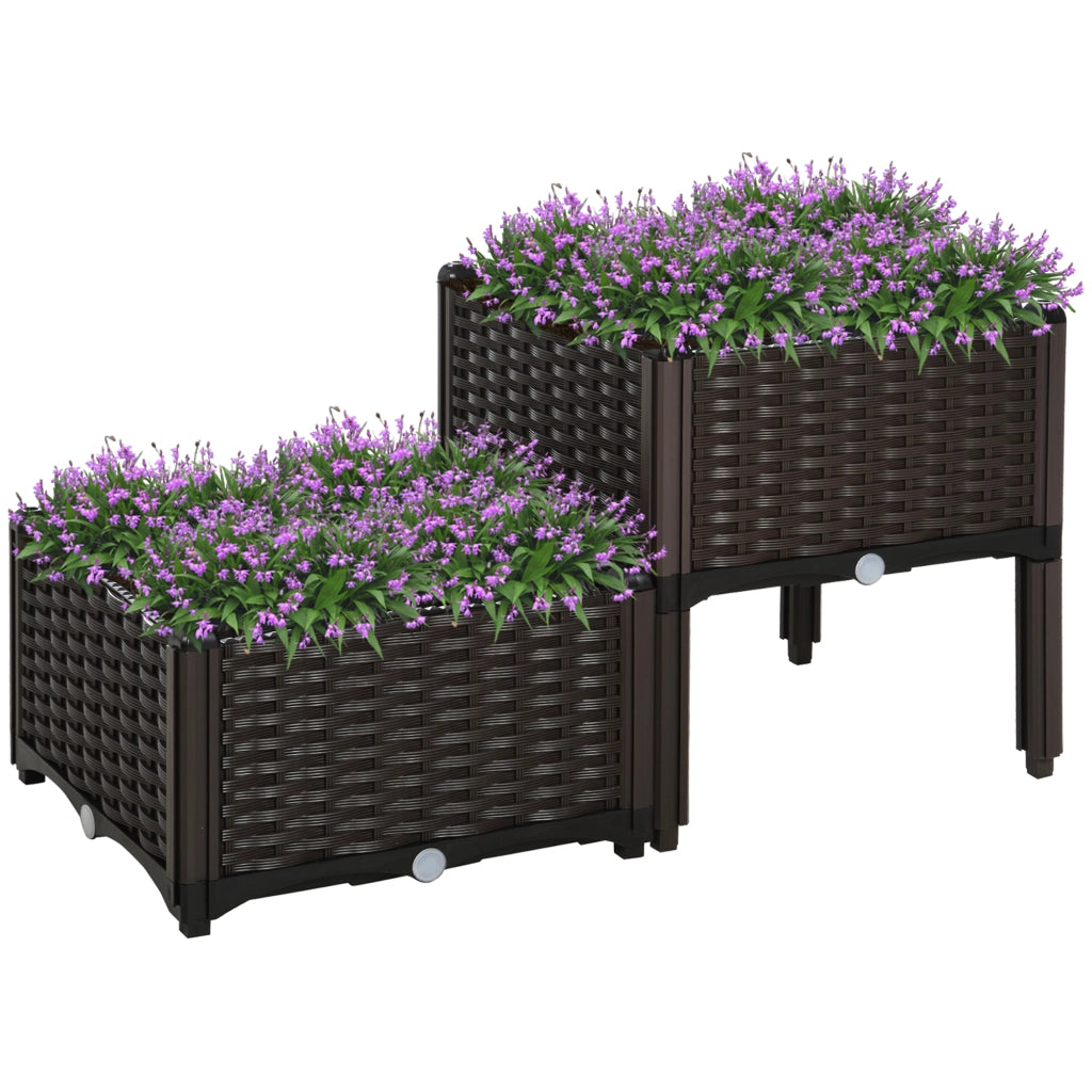 Set 2 Fioriere Quadrate da Giardino ¨C Xylo ¨C Marrone 40x40x26/44 cm con Piedi e Drenaggio