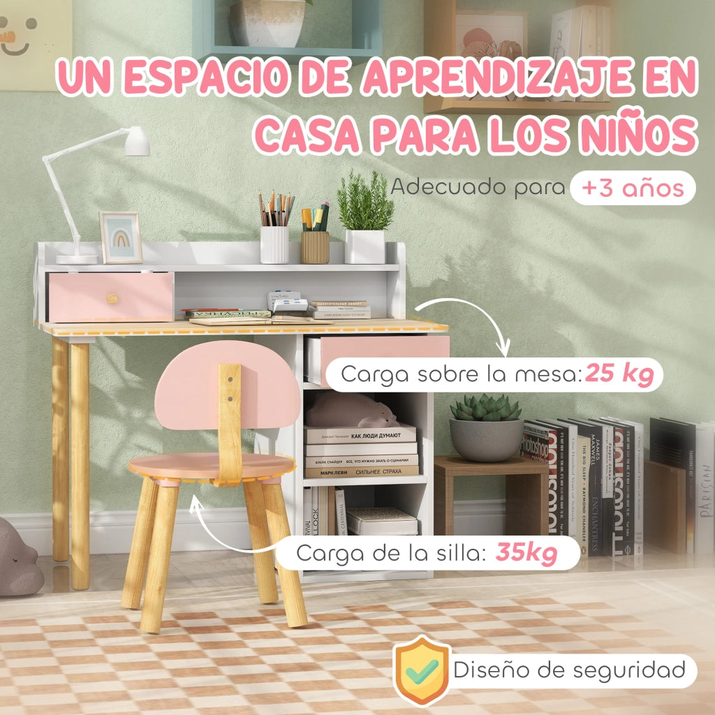 Scrivania per Bambini con Cassetti e Scaffale ¨C Minimal ¨C Rosa e Bianco
