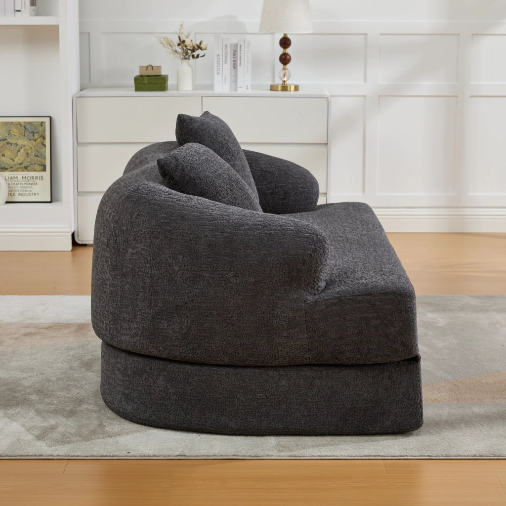 Divano letto a due posti convertibile con due cuscini e schienale ergonomico in chenille grigio scuro