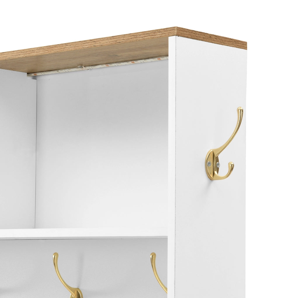 OKWISH Mobile da Ingresso con 2 Ante e 2 Cassetti, Specchio, Ganci, LED e Seduta, per Ingresso, MDF, Bianco e Legno, 120×40×187 cm