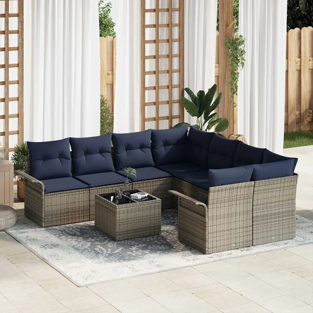 Set Divano da Giardino 9 pcs Grigio e Blu Navy polyrattan 3345305