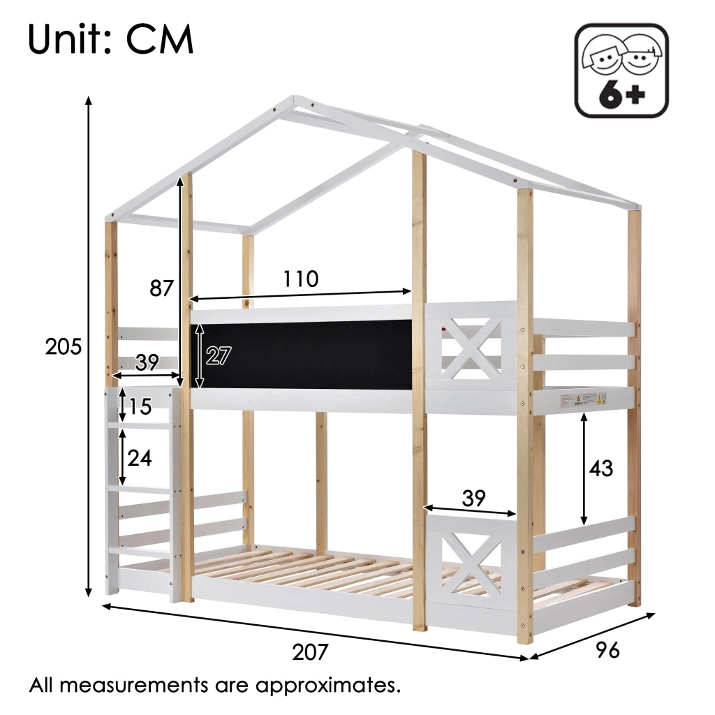 Casa sull'albero per letto per bambini di 90x200 cm letto a soppalco con scala e due strutture a listelle in toni naturali e bianchi