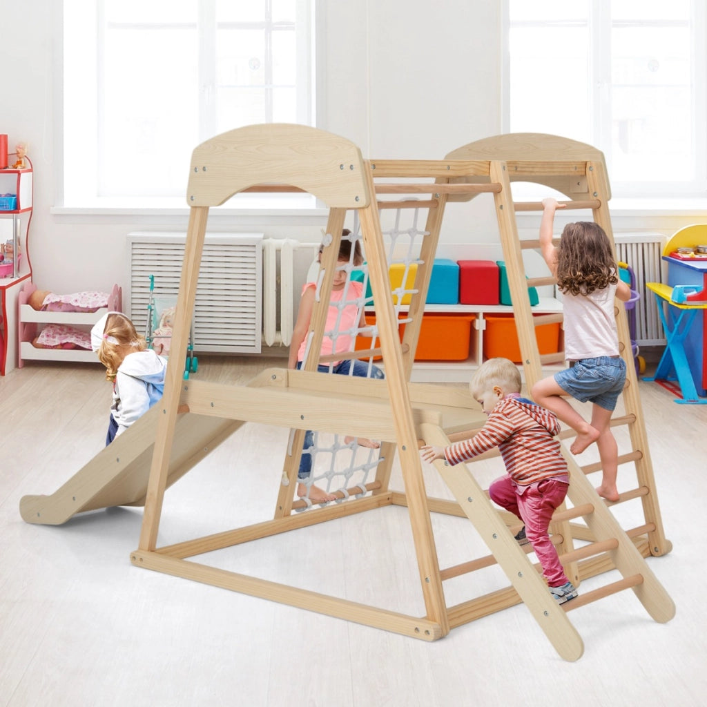 Parco giochi 6-in-1 per bambini 1+ anni con barre di scimmia scivolo corda e scale in legno, Palestra in legno Naturale