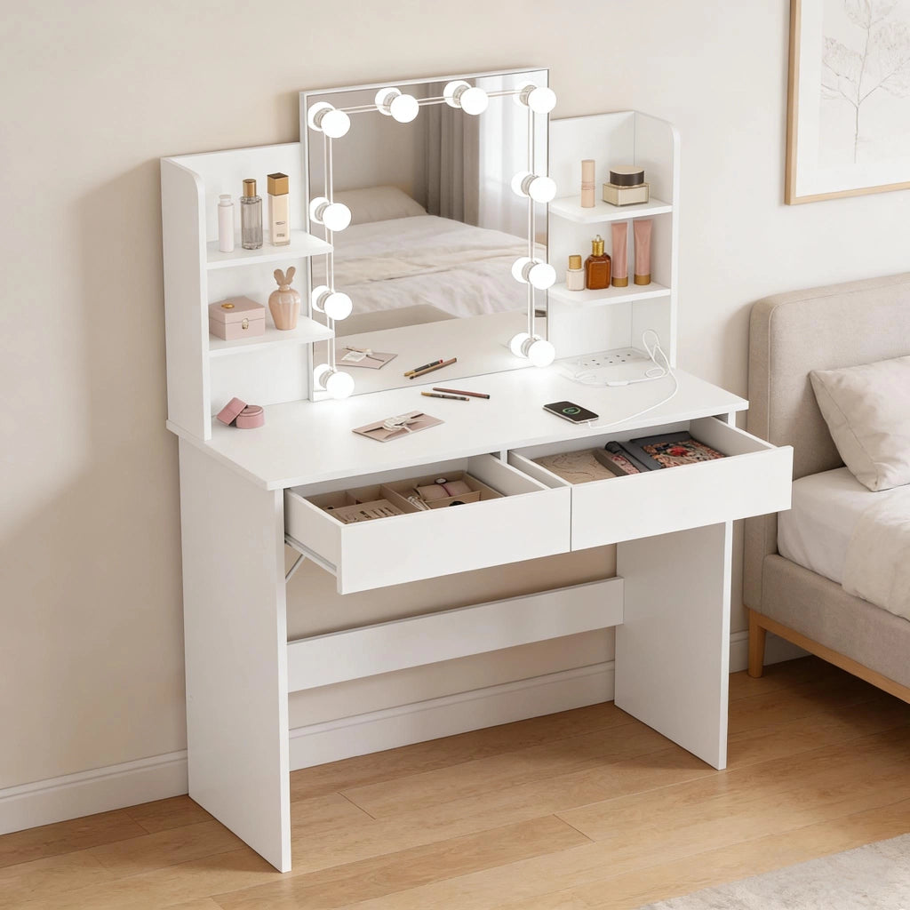 Toeletta con 2 cassetti; 4 ripiani; specchio e luci USB - per camera da letto - bianco