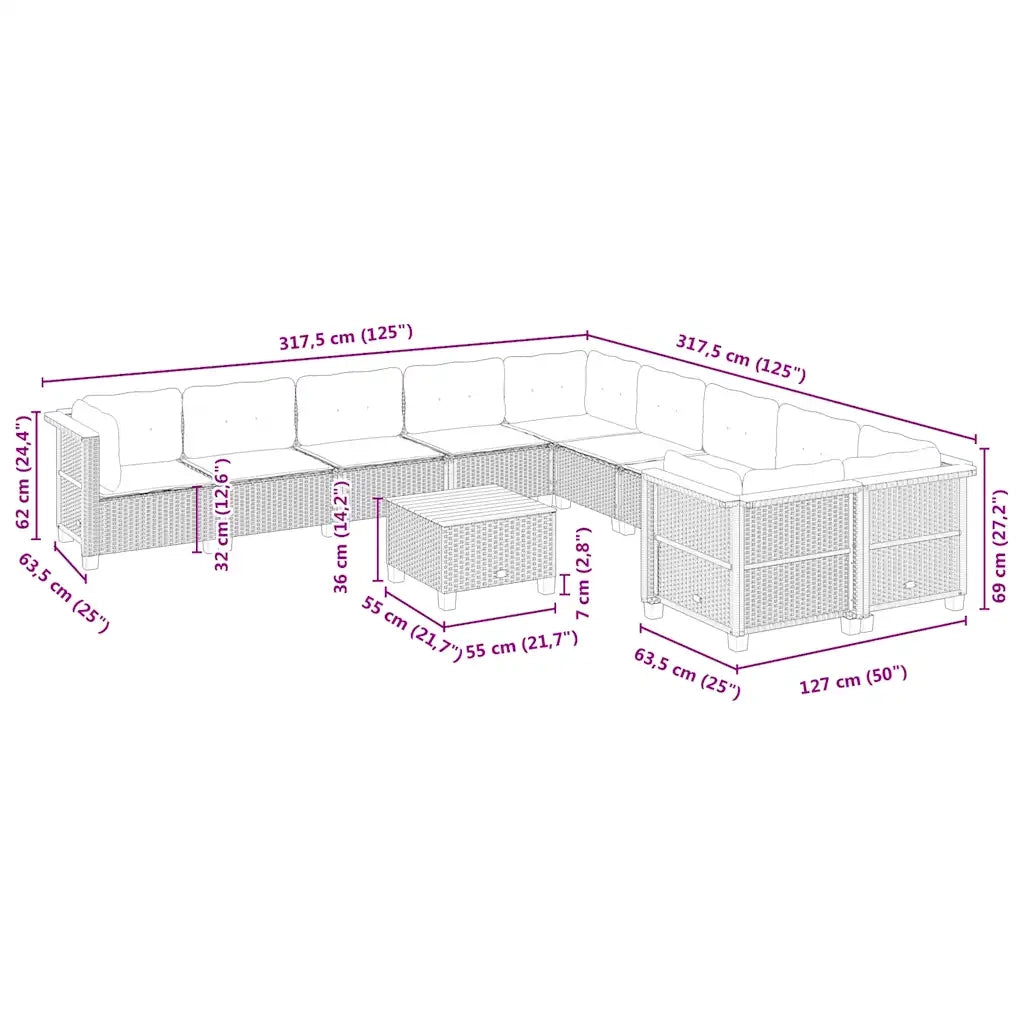 Set Divani da Giardino 11 pz con Cuscini Beige in Polyrattan 3262051
