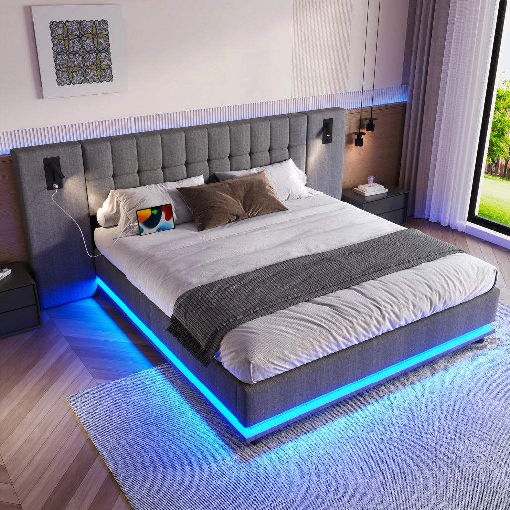 LETTO Imbottito 180x200 cm Grigio con LED, USB e spot, senza materasso