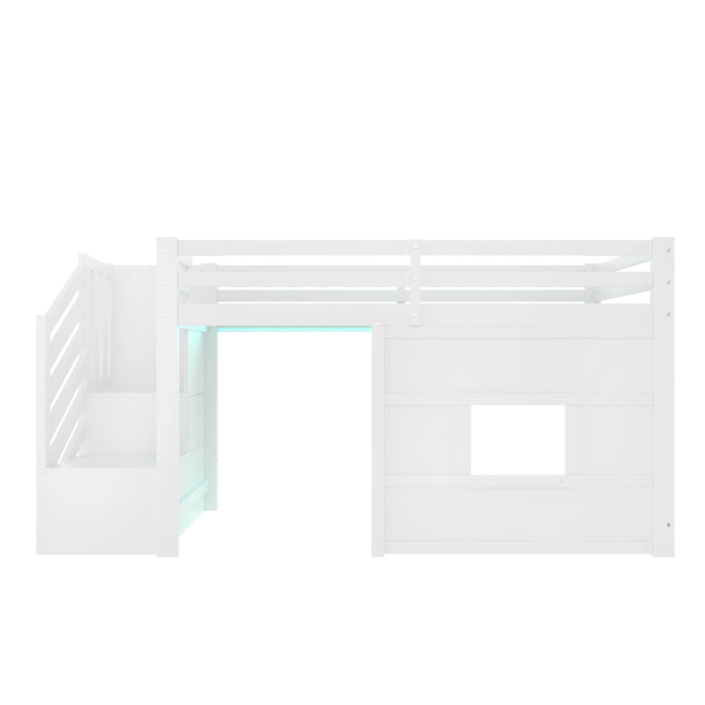 Letto a Soppalco con Scala Contenitore e Finestra ¨C MINIMAL ¨C Bianco 90x200