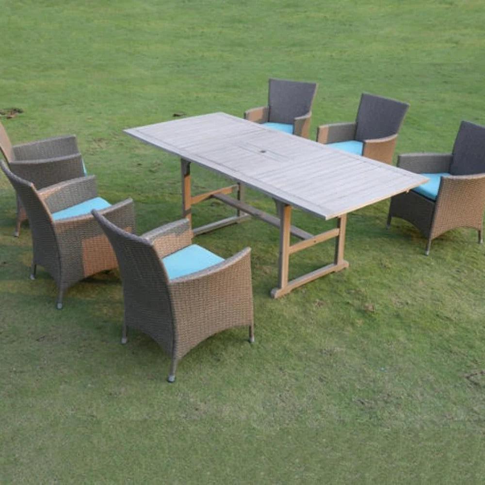 Set da esterno con 6 sedie e tavolo allungabile Solara in legno di Acacia-  Tav : 147/200cm ; Sed : 60cm x 64cm H. 82cm