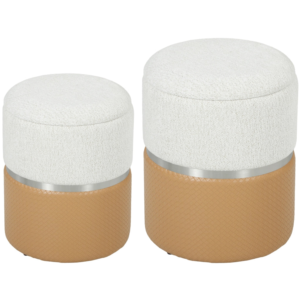 Set 2 Pouf Contenitore ¨C Xylo ¨C Rivestimento Chenilla e Similpelle Marrone e Crema