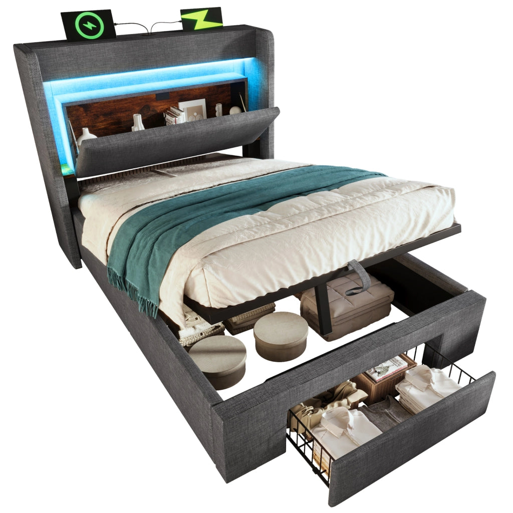 Letto imbottito 90x200 cm con contenitore idraulico; LED; USB e USB C; lino grigio