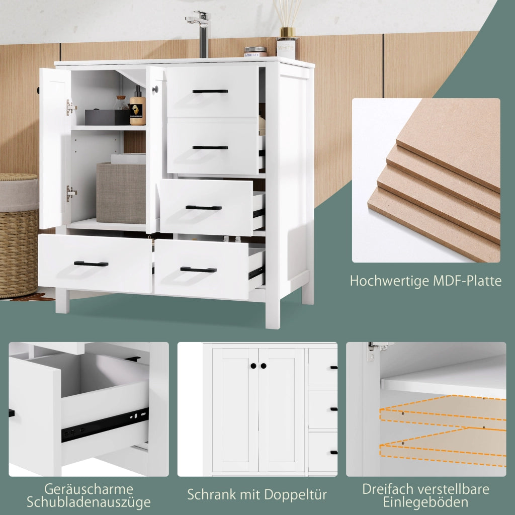 MOBILE BAGNO freestanding 76x46x82 cm in MDF e Ceramica Bianco
