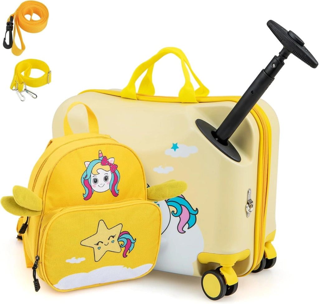 Set di Valigia Cavalcabile 18’’ + Zaino 12’’ per Bambini 2 Pezzi, Bagagli 2-in-1 di con Maniglia Telescopica e 4 Ruote, Trolley Bagaglio a Mano e Zaino per Bambini (Giallo Unicorno-C)