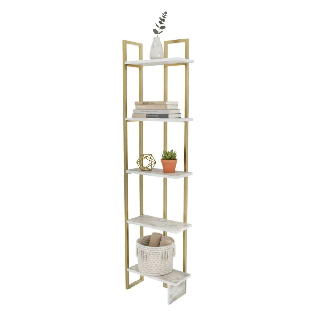 Libreria Giraffa, Scaffale da ufficio, Mobile portalibri, Biblioteca, 45x22h180 cm, Bianco e Oro