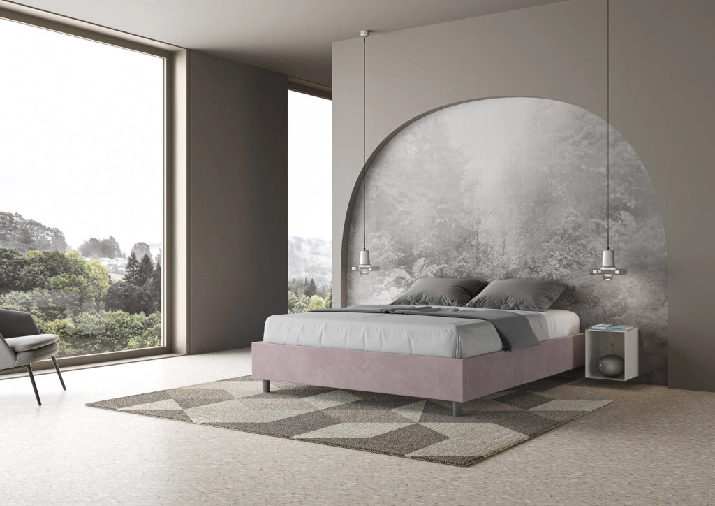BS COM Letto matrimoniale francese con rete imbottito 140x210 microfibra glicine