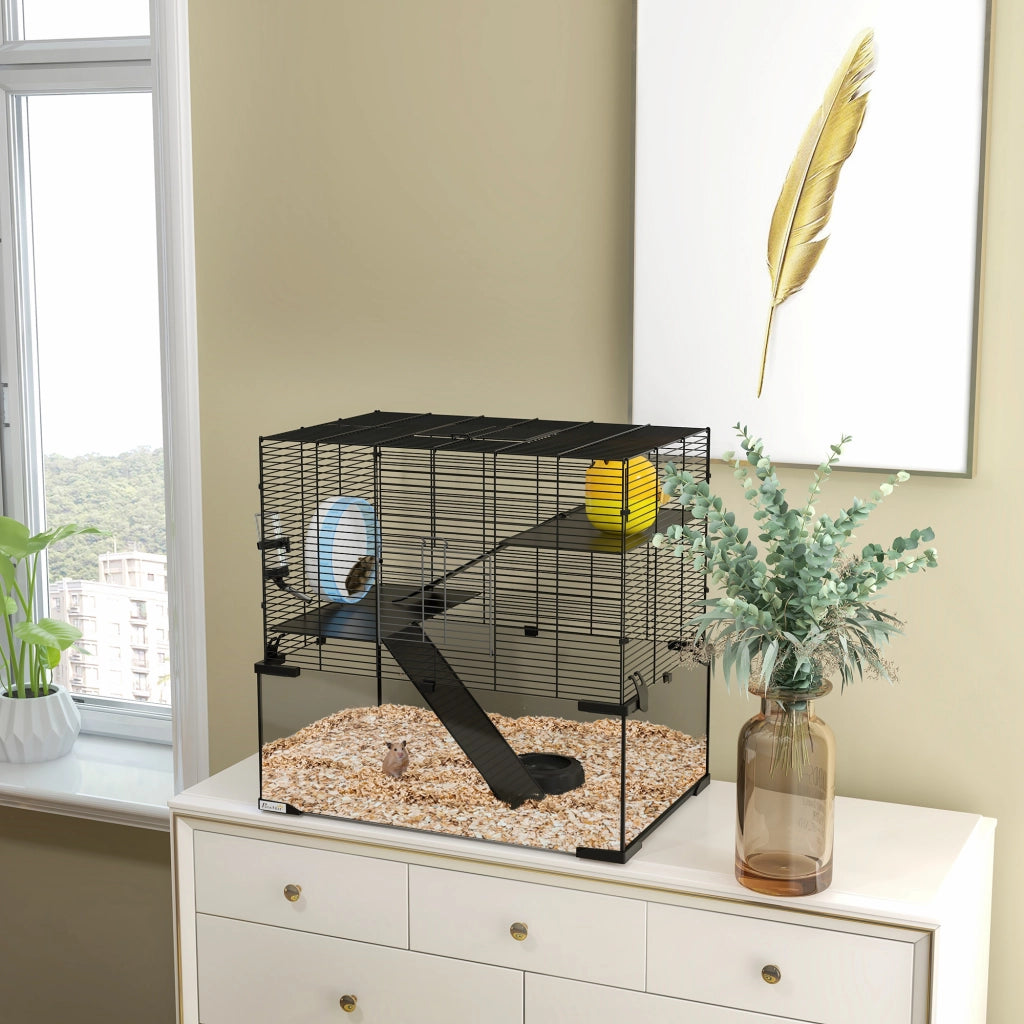 Gabbia per Criceti a 3 Livelli con Ruota ¨C Minimal ¨C 60x40x57cm, Nero