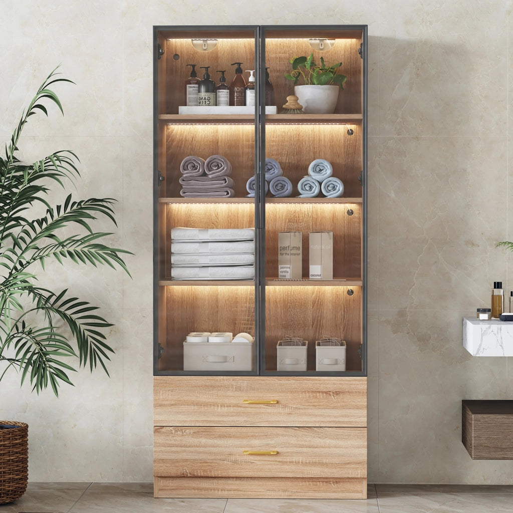 ARMADIO BAGNO ALTO IN MDF MARRONE CON RIPIANI APERTI E SPORTELLI