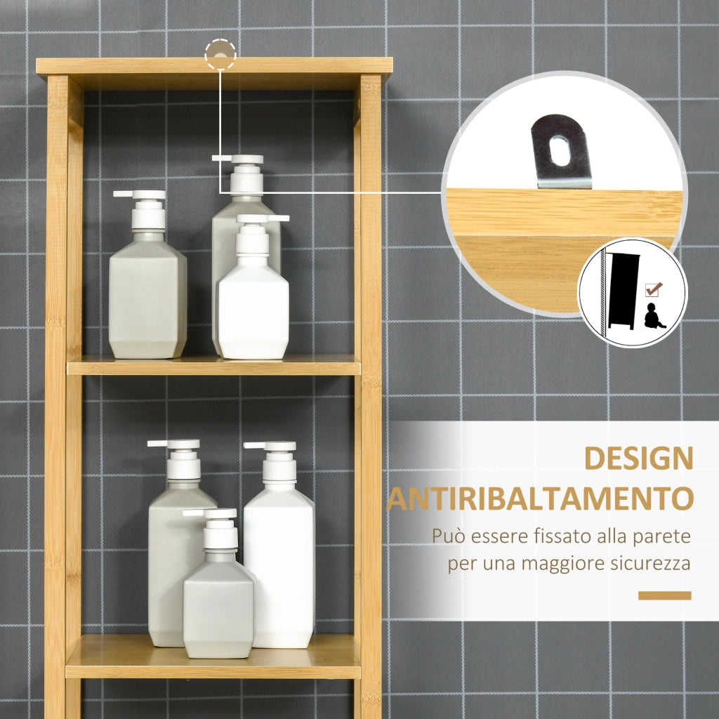 Mobile Bagno a 3 Ripiani e 1 Credenza, Design a Doghe, Bamb¨´, 34x30x173cm