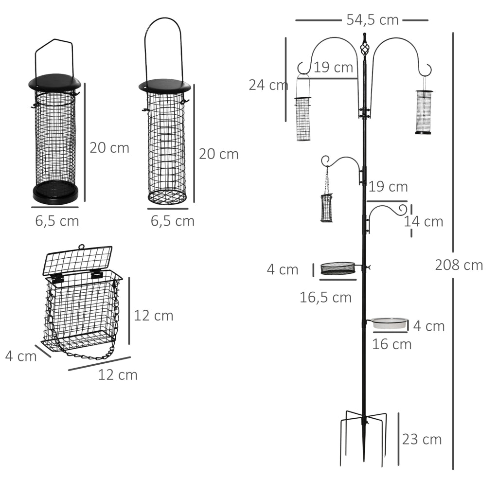 Mangiatoia per Uccelli con 4 Ganci, Spiedo, Ciotole ¨C Minimal ¨C Nero 208 cm