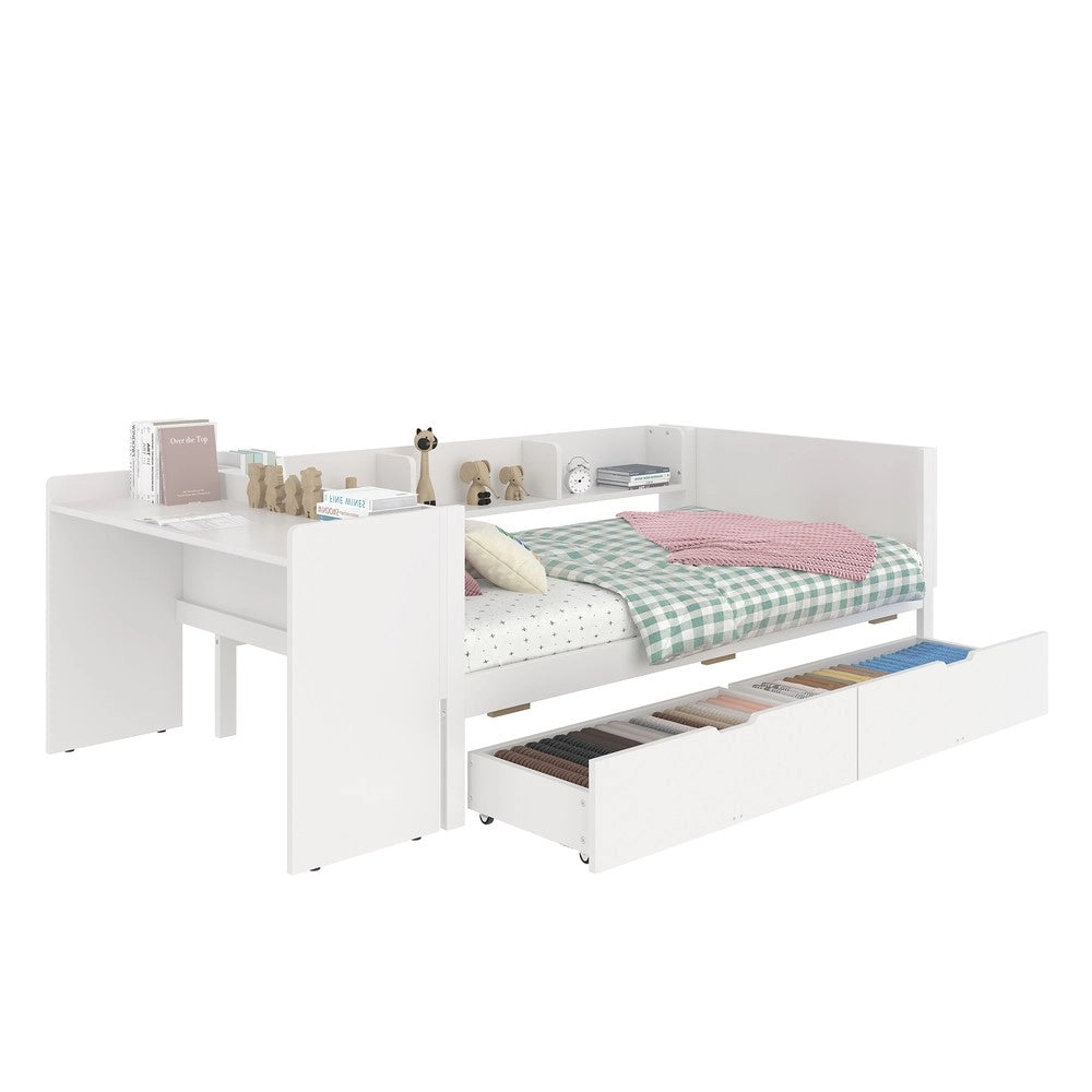 Letto Singolo con Scrivania e Cassetti ¨C MINIMAL ¨C Pino e Multistrato, Bianco, 90x200