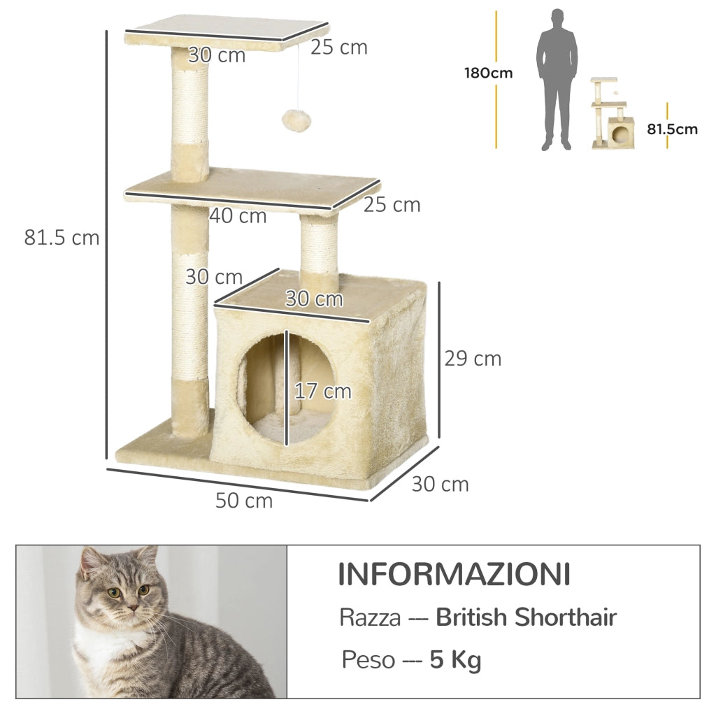 Albero Tiragraffi per Gatti con Cuccia, 50x30x81.5cm