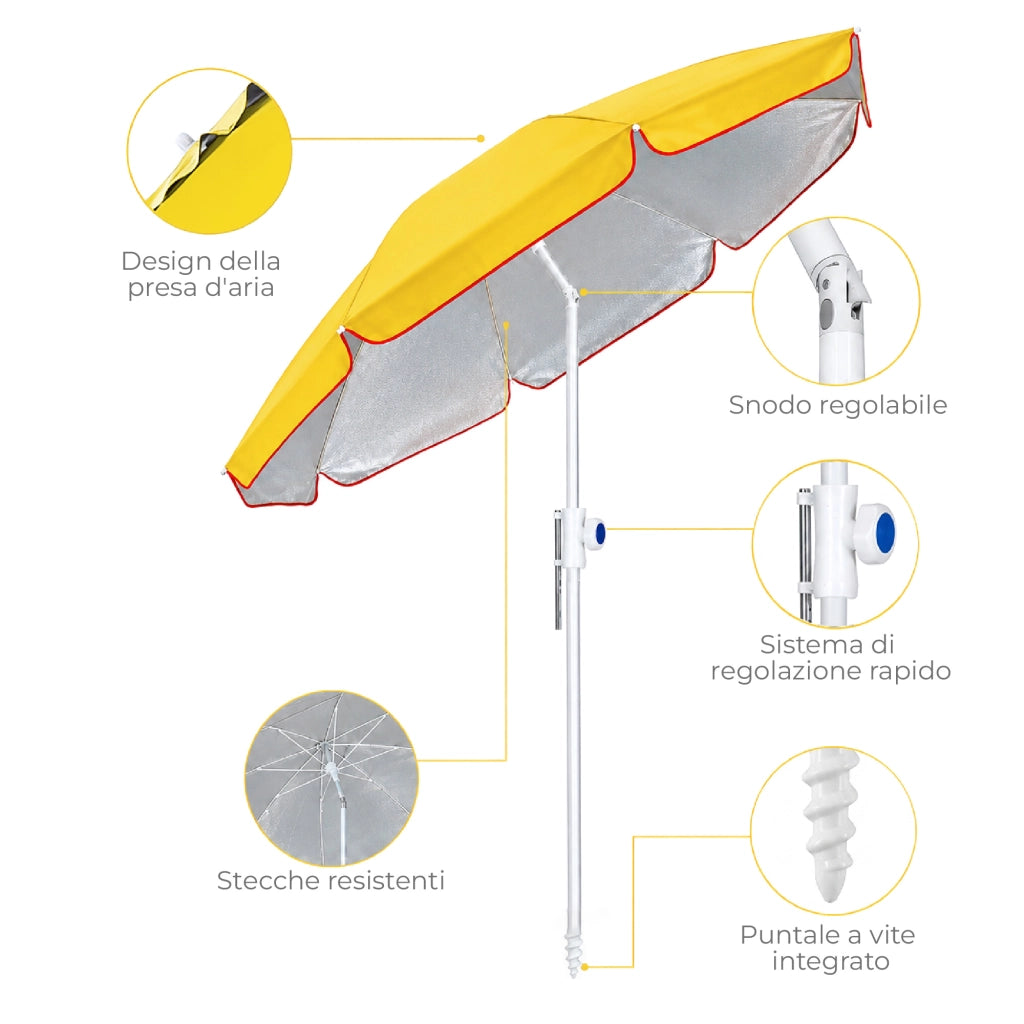 Ombrellone Mare Maxi 220 cm con Protezione UV, Palo a Vite e Inclinazione Regolabile, Parasole da Spiaggia con Presa d'Aria Antivento, Stecche Resistenti e Custodia Trasporto Giallo