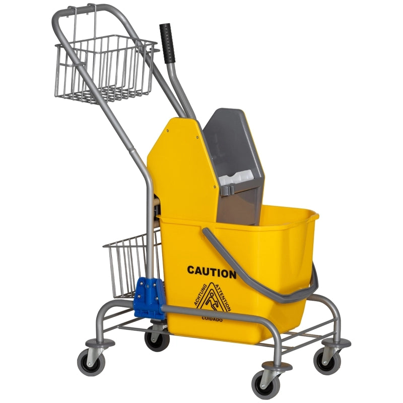 Secchio per la pulizia, secchio per mocio, con ruote, in plastica, manico in metallo, giallo