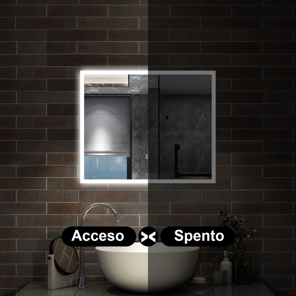 specchio rettangolare 80x60 cm con luce led, antiappannamento e touch