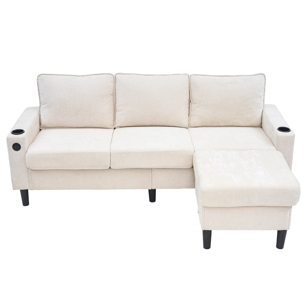 Divano angolare 3 posti beige con pouf modulare, 2 portabicchieri, USB e Type-C, 202x137x80 cm