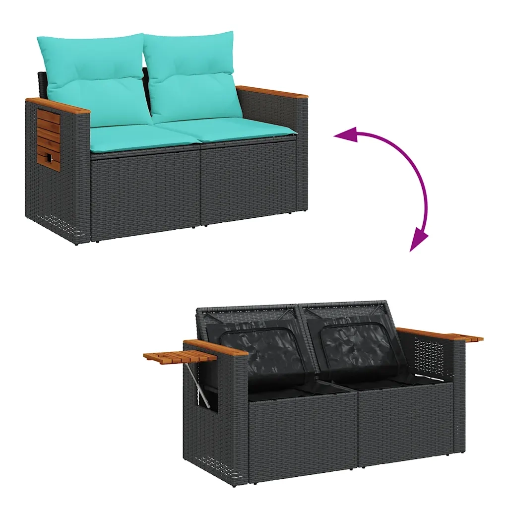 Set Divano da Giardino 6 pz con Cuscini Nero Polyrattan Acacia 3328128