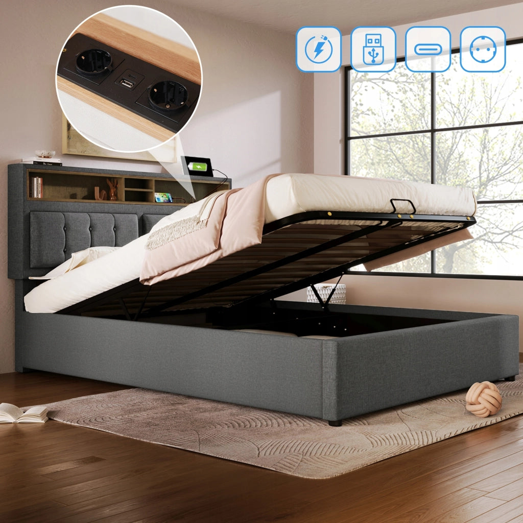 Letto imbottito 160x200 grigio con USB, telaio - Xylo