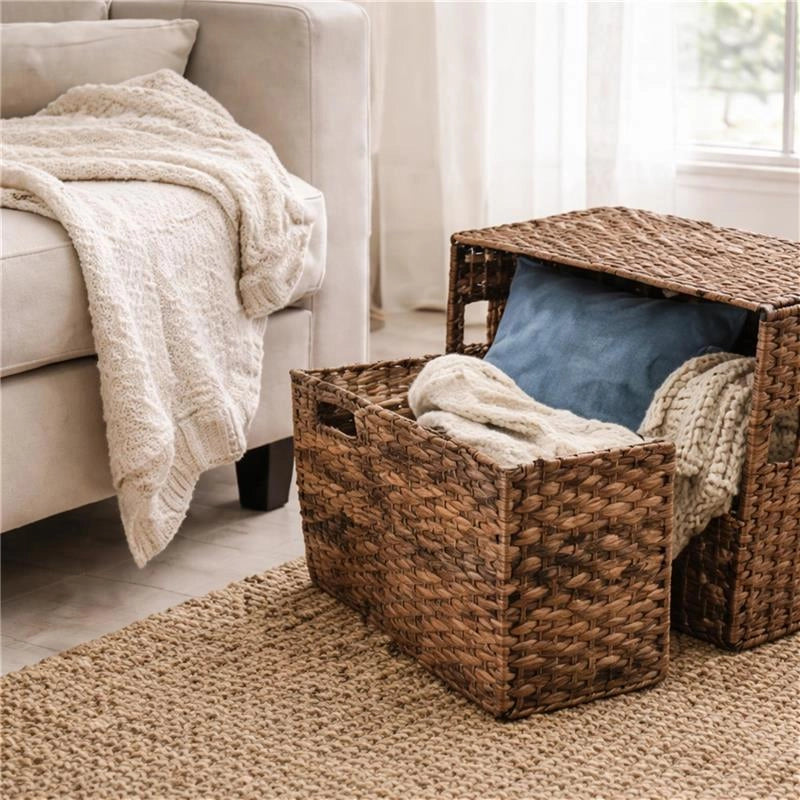 MA MAISON SET 3 CESTE PORTABIANCHERIA CON COPERCHIO IN VIMINI IN COLORE MARRONE