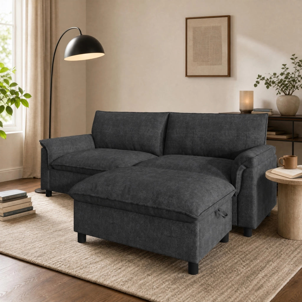 DIVANO Angolare Modulare 216 cm in Chenille Nero con 1 poggiapiedi