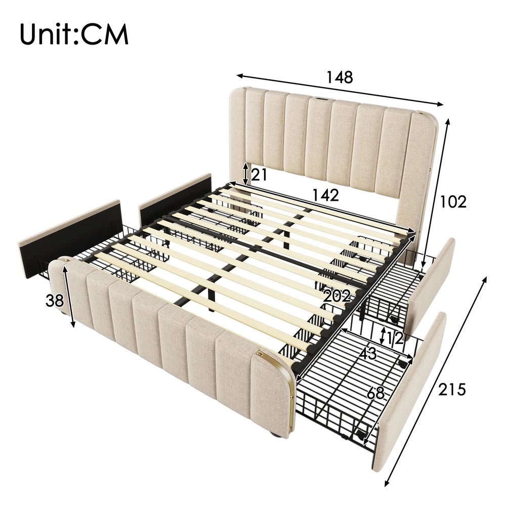 Letto Imbottito Matrimoniale con Cassetti e USB ¨C Xylo ¨C Beige, 140x200