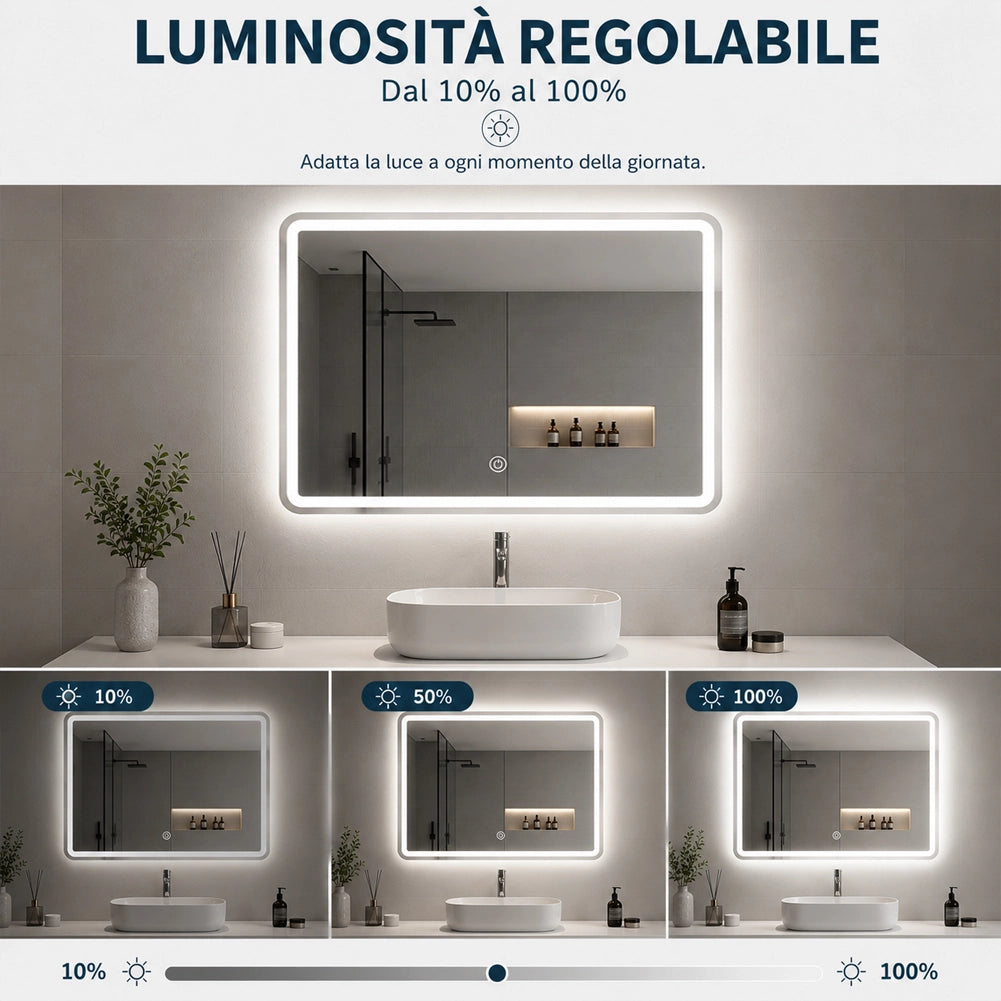 Specchio Rettangolare da Parete con Led Bianco Freddo Caldo e Naturale 80x60cm