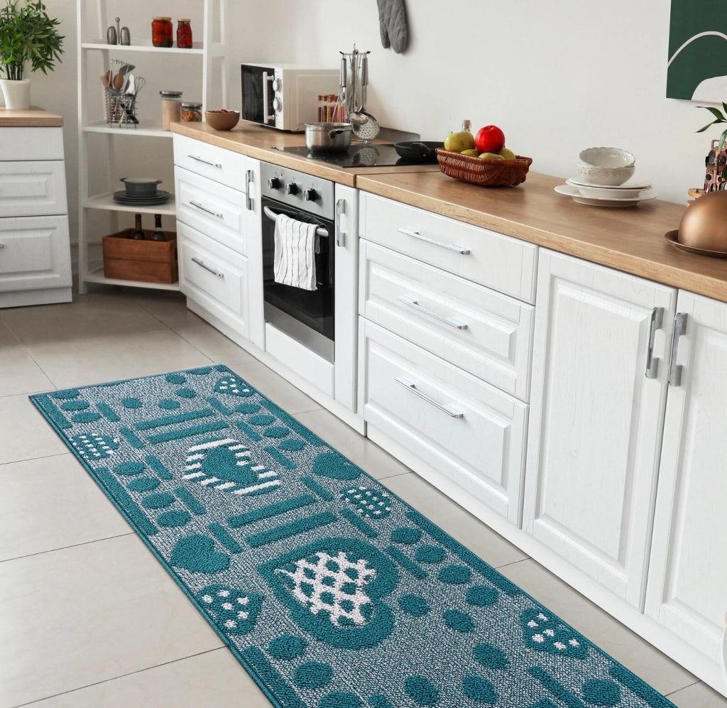 Tappeto Cucina Antiscivolo Cuori 3D Lavabile Moderno Assorbente Blu 57x270 cm
