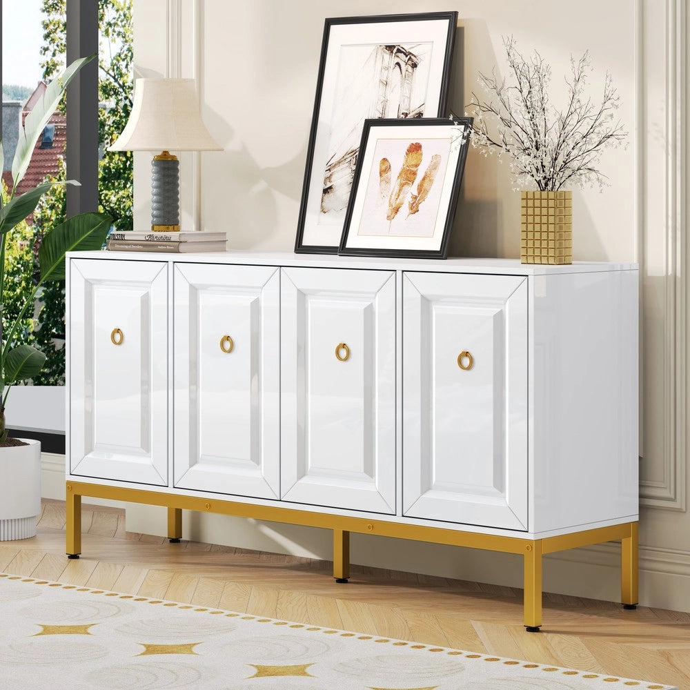 Libreria con Ripiani e Ante ¨C MINIMAL ¨C Bianco Lucido, Gambe Dorate, 140x80x40